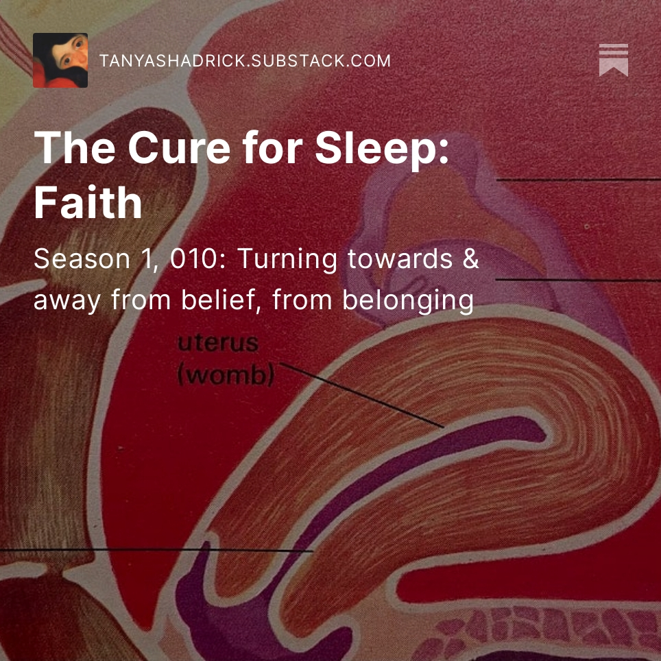 The Cure for Sleep: Faith

Vintage magazine illustration of a uterus.  Over this image is Tanya's Substack monthly themed writing prompt: Turning towards or away from belief, from belonging